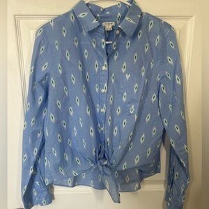 J.Crew long-sleeve button-down tie blue green white ikat pattern Size Medium